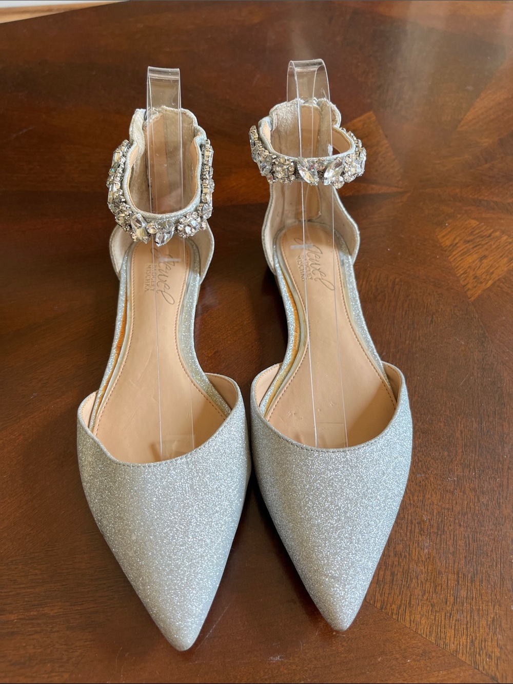 Jewel Badgley Mischka Silver Glitter Pointed-Toe Flats with Jeweled Ankle Strap